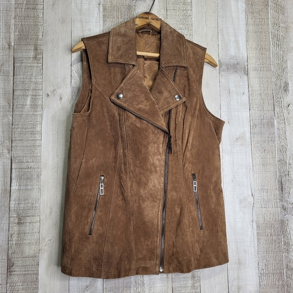 Jackets & Blazers - Sleeveless Brown Suede Moto Vest With Pockets